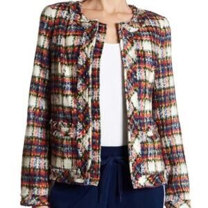 Lands End Red Blue Whiet  Plaid Zip Blazer Jacket with fringe 14P